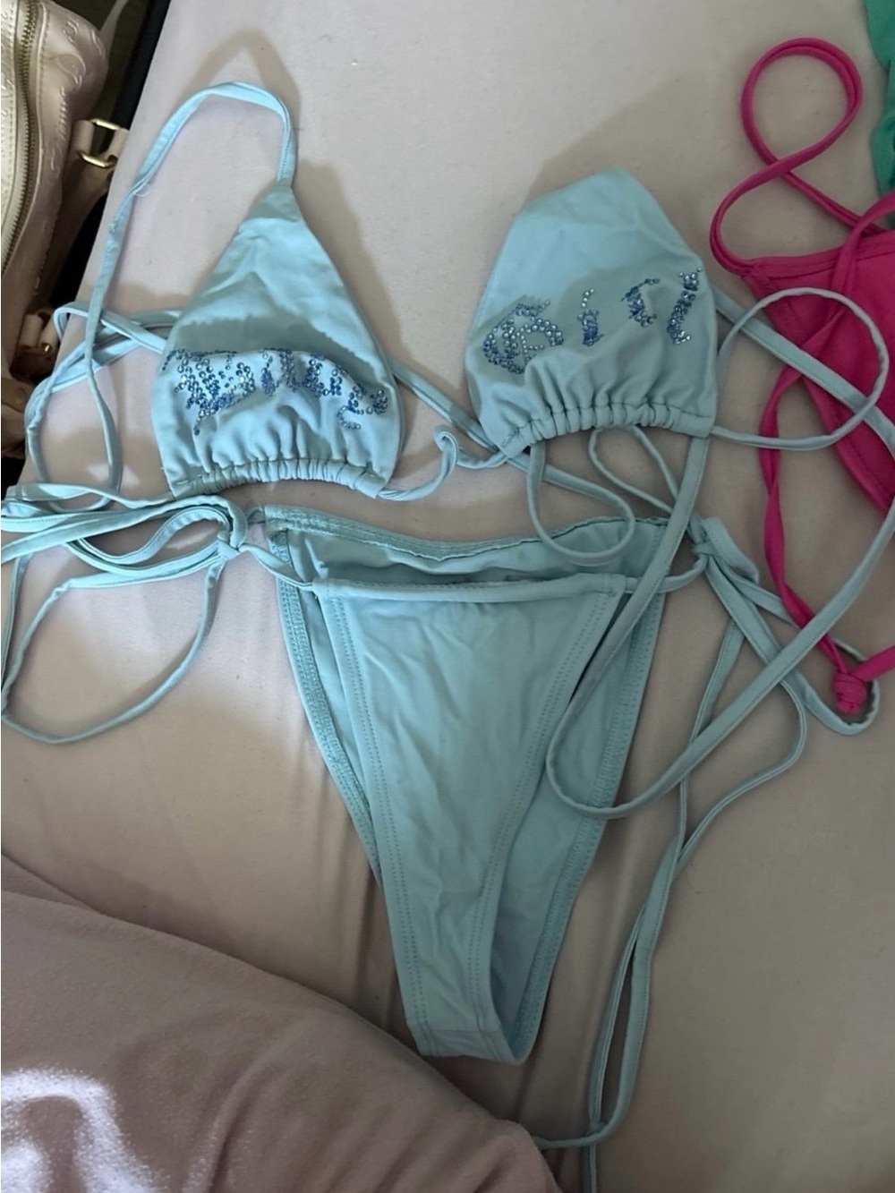 Light Blue Embellished Triangle Bikini Set - Women Intimates & Sleepwear